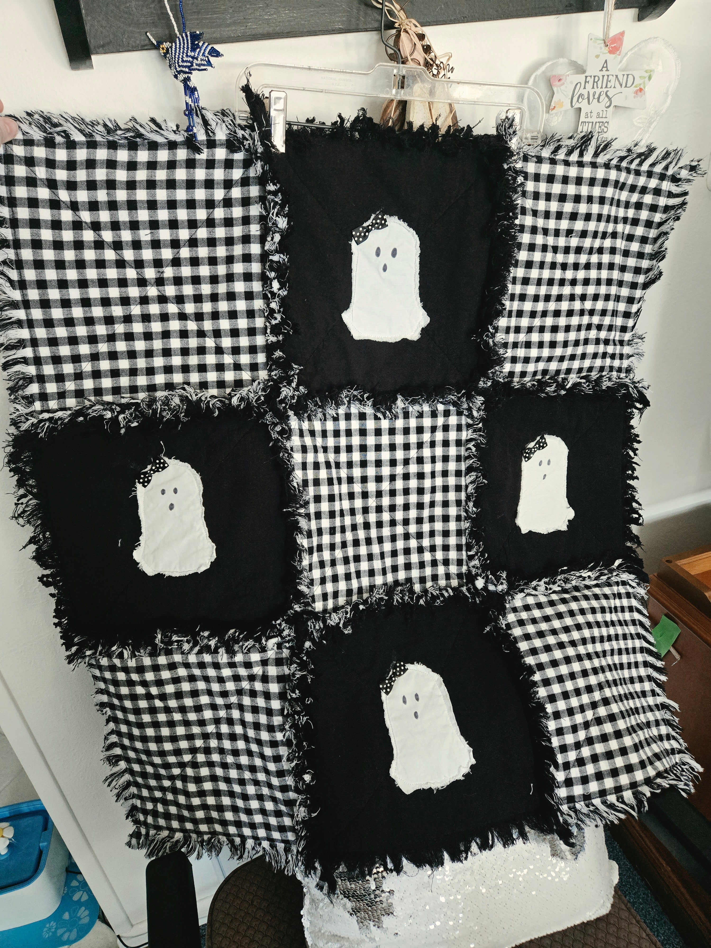 Ghostie girl bow rag-style table topper/wall hanging